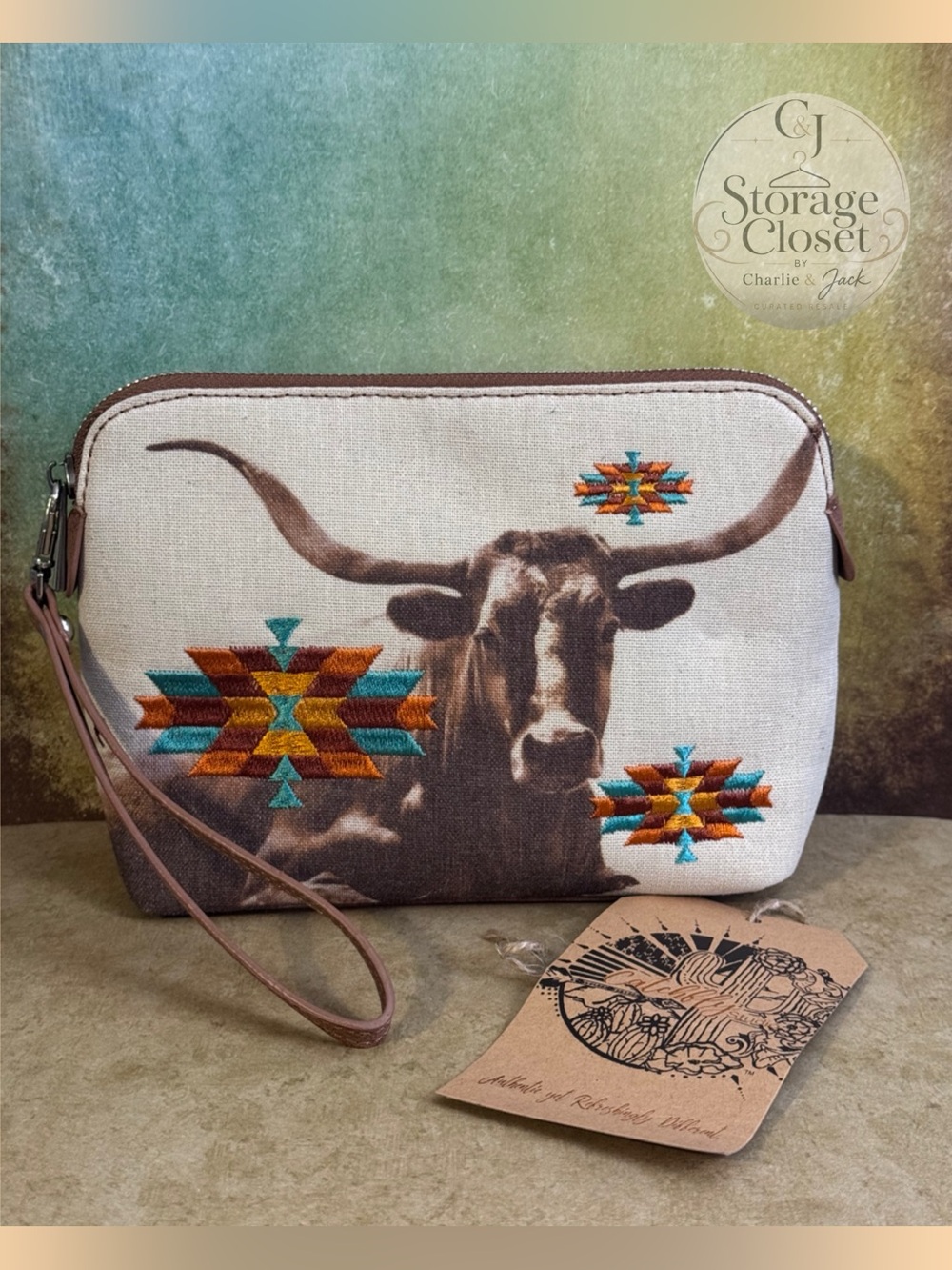 Canvas Longhorn Zip Card Holder in Cream with Turquoise & Orange Embroidery